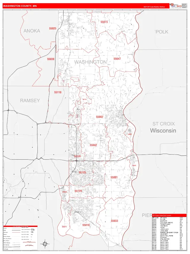 Washington County, MN ZIP Code Wall Map, RedLine style