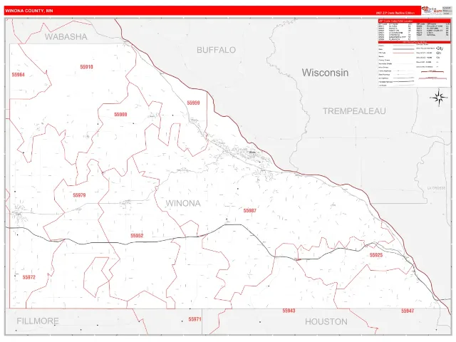 Winona County, MN ZIP Code Wall Map, RedLine style