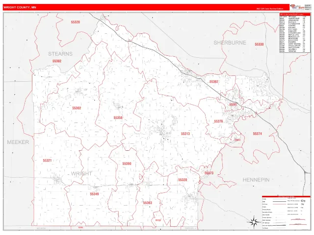 Wright County, MN ZIP Code Wall Map, RedLine style