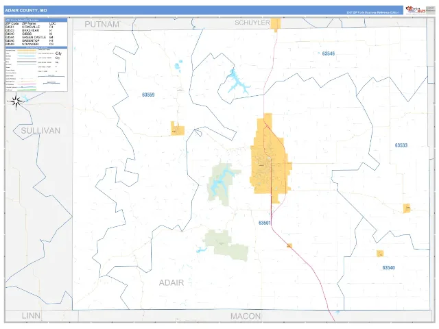 Adair County, MO ZIP Code Wall Map, Business Reference style