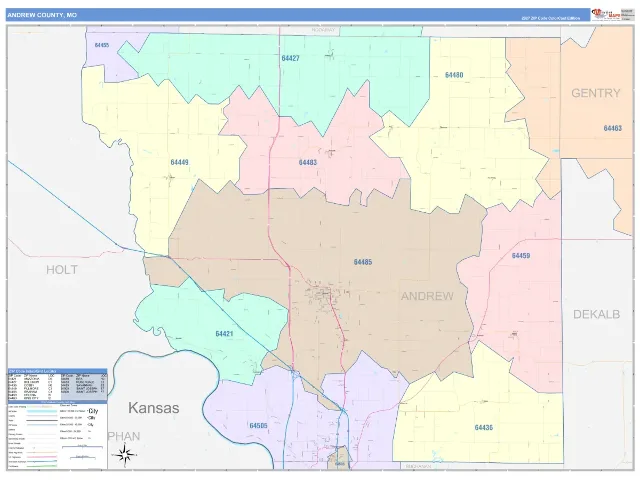 Andrew County, MO ZIP Code Wall Map, ColorCast style