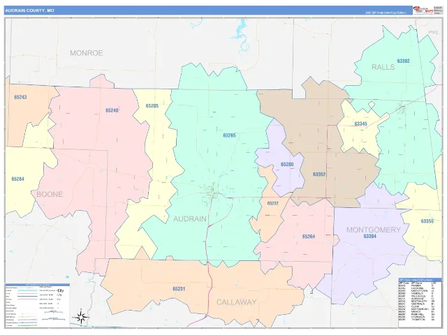 Audrain County, MO ZIP Code Wall Map, ColorCast style