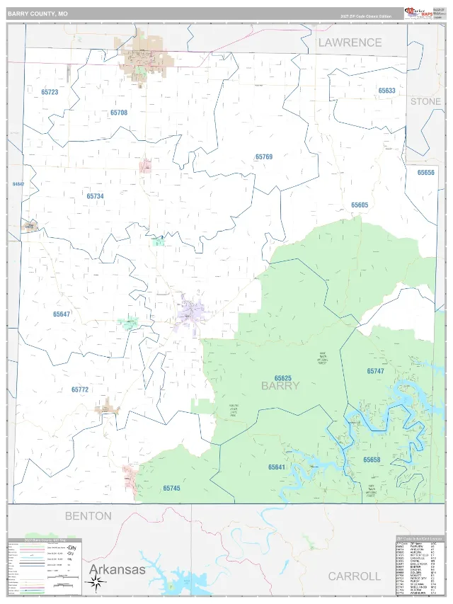 Barry County, MO ZIP Code Wall Map, Classic style