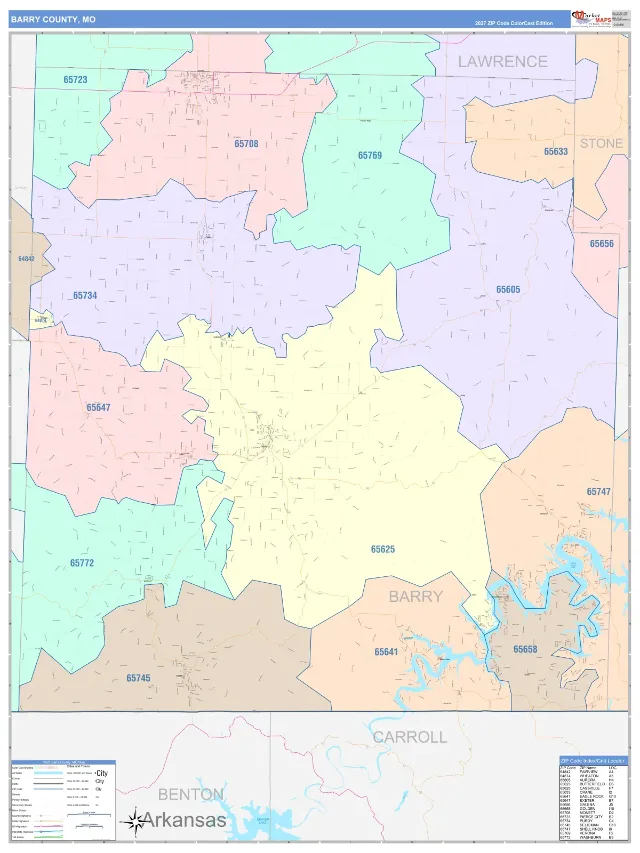 Barry County, MO ZIP Code Wall Map, ColorCast style