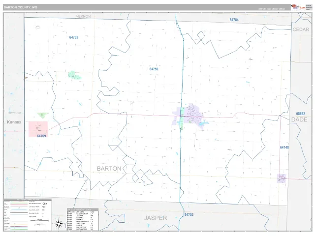 Barton County, MO ZIP Code Wall Map, Classic style