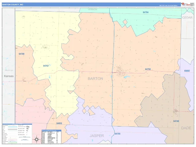 Barton County, MO ZIP Code Wall Map, ColorCast style