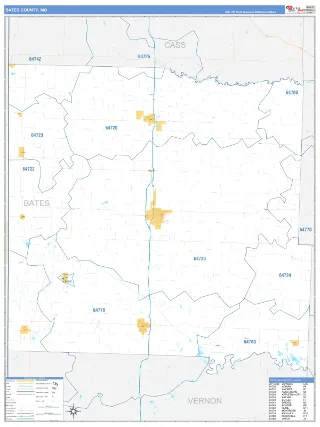 Bates County, MO Business Reference style ZIP Code wall map