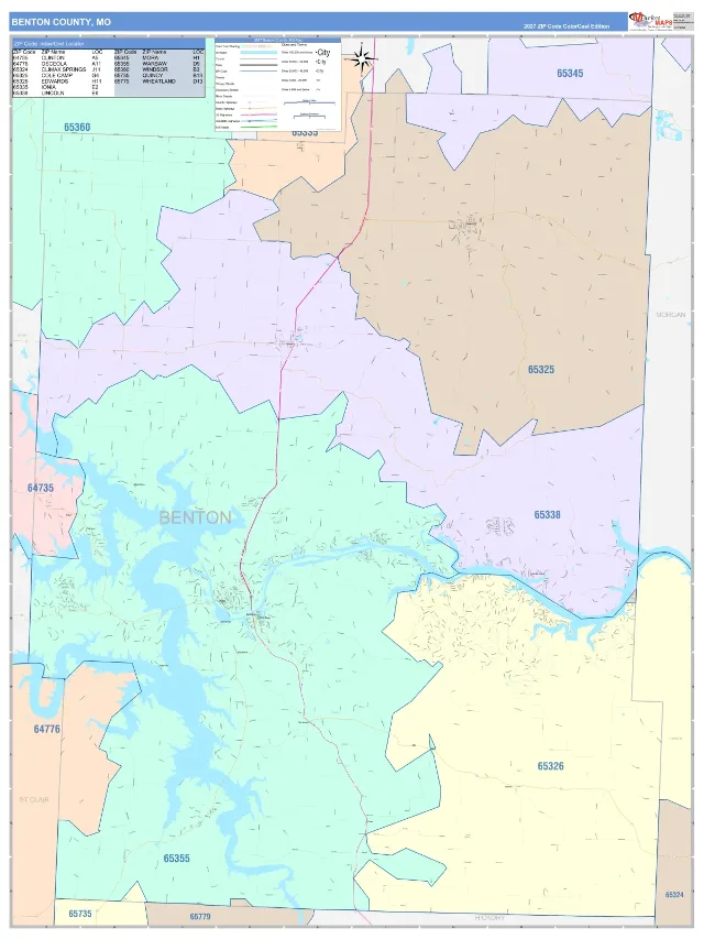 Benton County, MO ZIP Code Wall Map, ColorCast style