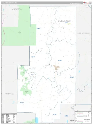 Bollinger County, MO Classic style ZIP Code wall map