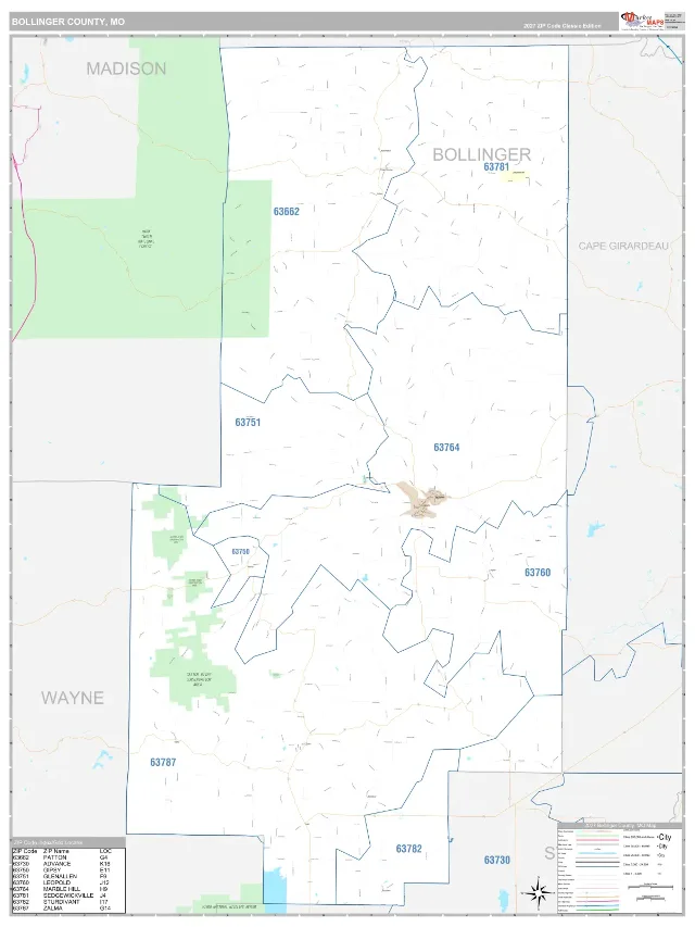 Bollinger County, MO ZIP Code Wall Map, Classic style