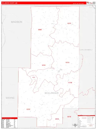 Bollinger County, MO RedLine style ZIP Code wall map