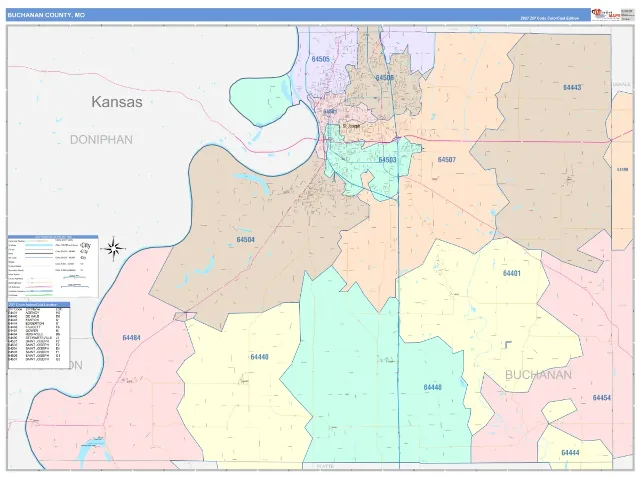 Buchanan County, MO ZIP Code Wall Map, ColorCast style