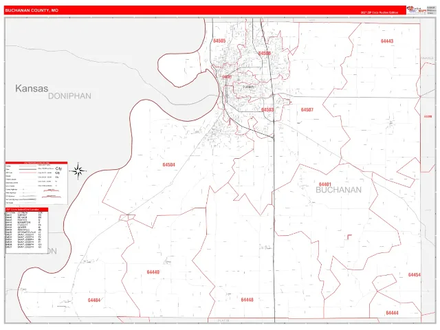 Buchanan County, MO ZIP Code Wall Map, RedLine style
