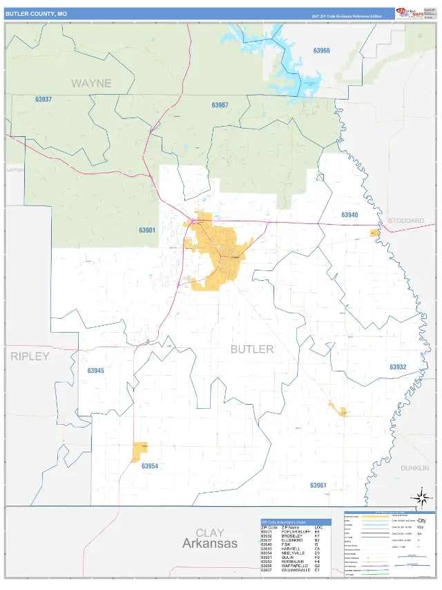 Butler County, MO ZIP Code Wall Map, Business Reference style