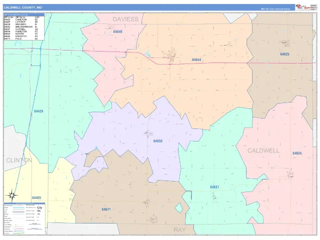 Caldwell County, MO ZIP Code Wall Map, ColorCast style