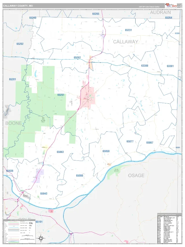 Callaway County, MO ZIP Code Wall Map, Classic style