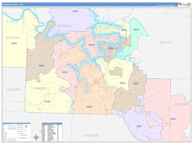 Camden County, MO ZIP Code Wall Map, ColorCast style