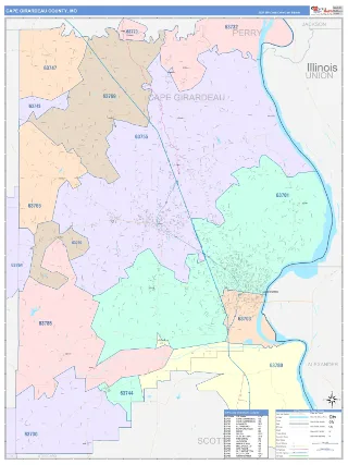 Cape Girardeau County, MO ColorCast style ZIP Code wall map