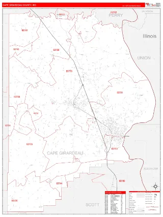 Cape Girardeau County, MO RedLine style ZIP Code wall map
