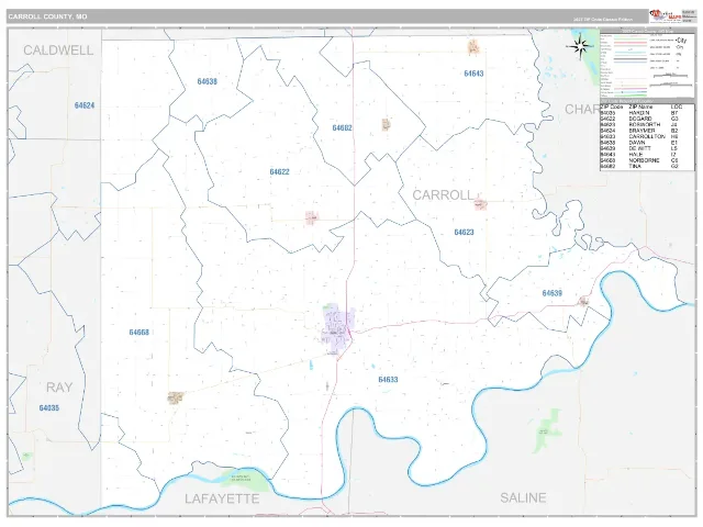 Carroll County, MO ZIP Code Wall Map, Classic style