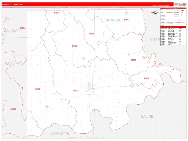 Carroll County, MO ZIP Code Wall Map, RedLine style
