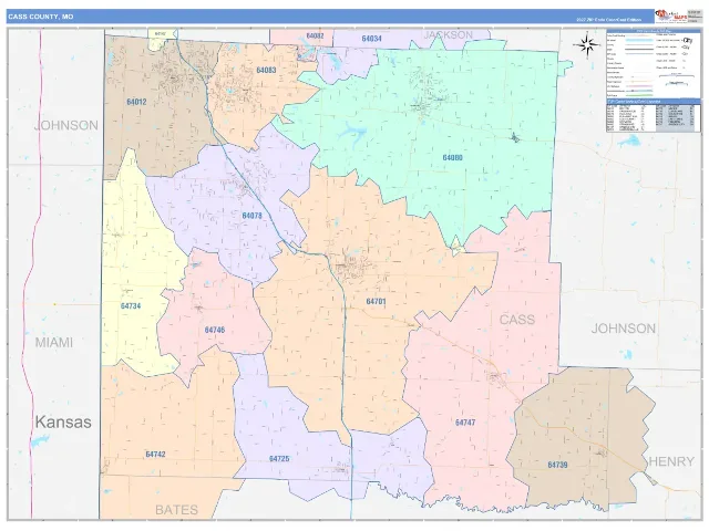 Cass County, MO ZIP Code Wall Map, ColorCast style