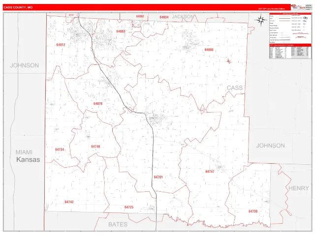 Cass County, MO ZIP Code Wall Map, RedLine style