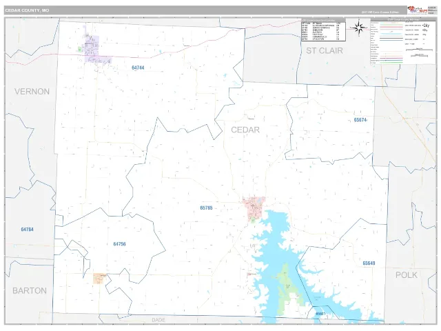 Cedar County, MO ZIP Code Wall Map, Classic style