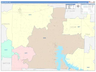 Cedar County, MO ColorCast style ZIP Code wall map