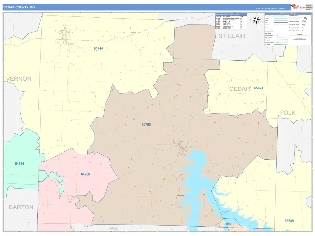 Cedar County, MO ZIP Code Wall Map, ColorCast style