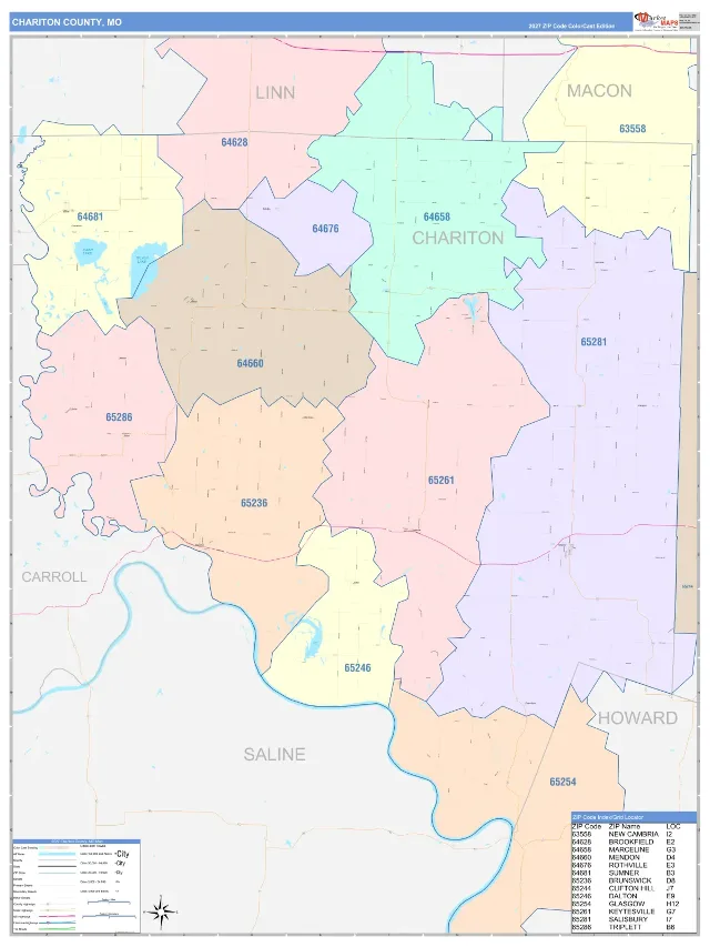 Chariton County, MO ZIP Code Wall Map, ColorCast style