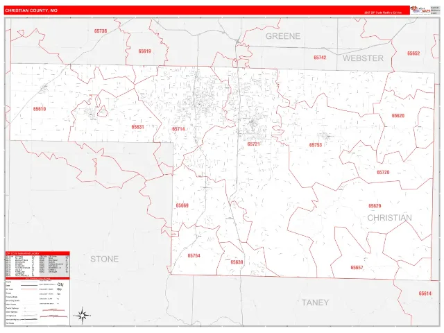 Christian County, MO ZIP Code Wall Map, RedLine style