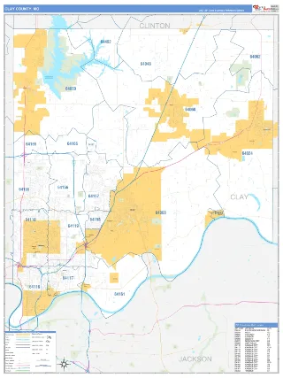 Clay County, MO Business Reference style ZIP Code wall map