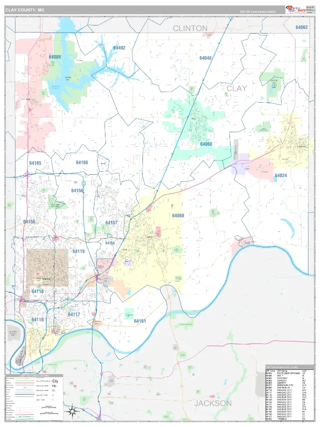 Clay County, MO ZIP Code Wall Map, Classic style