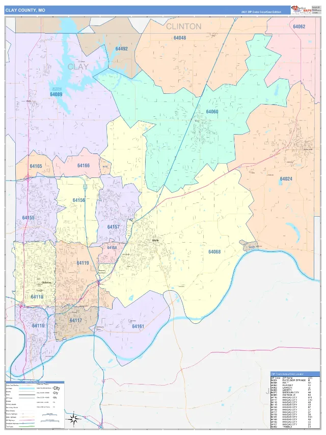 Clay County, MO ZIP Code Wall Map, ColorCast style