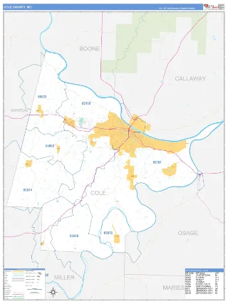 Cole County, MO Business Reference style ZIP Code wall map
