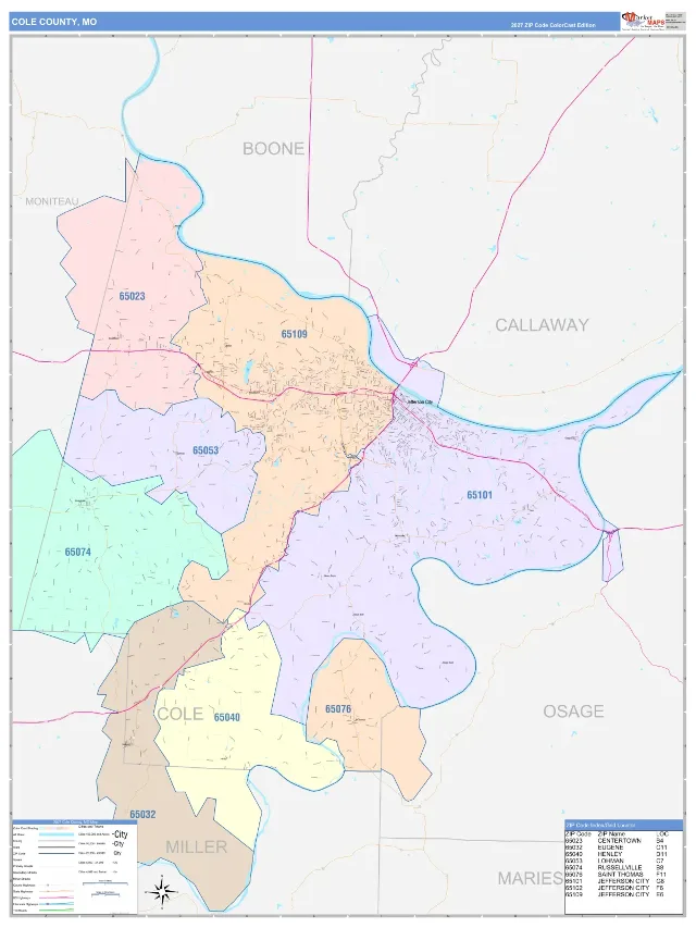 Cole County, MO ZIP Code Wall Map, ColorCast style