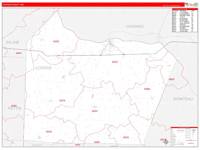 Cooper County, MO ZIP Code Wall Map, RedLine style