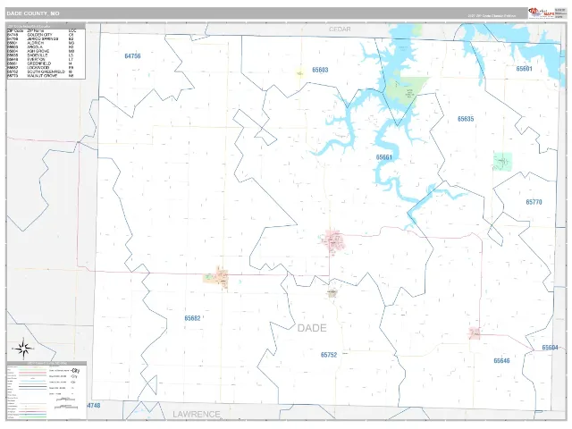 Dade County, MO ZIP Code Wall Map, Classic style