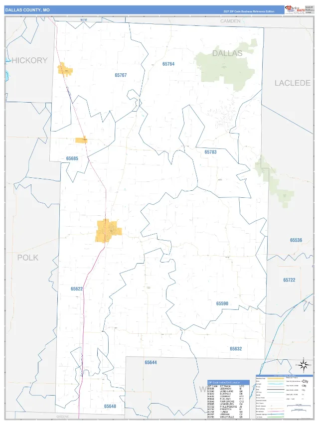 Dallas County, MO ZIP Code Wall Map, Business Reference style