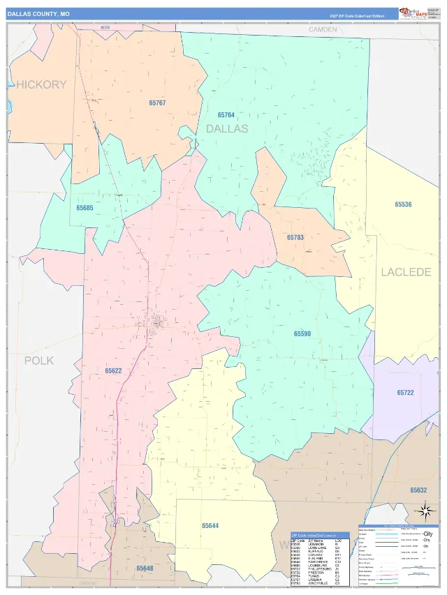 Dallas County, MO ZIP Code Wall Map, ColorCast style