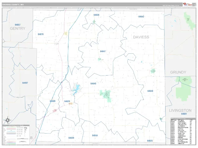 Daviess County, MO ZIP Code Wall Map, Classic style