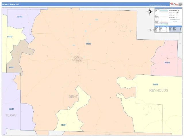 Dent County, MO ZIP Code Wall Map, ColorCast style