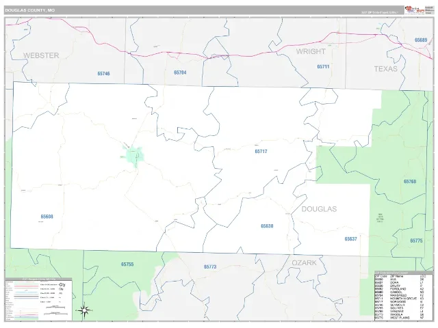 Douglas County, MO ZIP Code Wall Map, Classic style