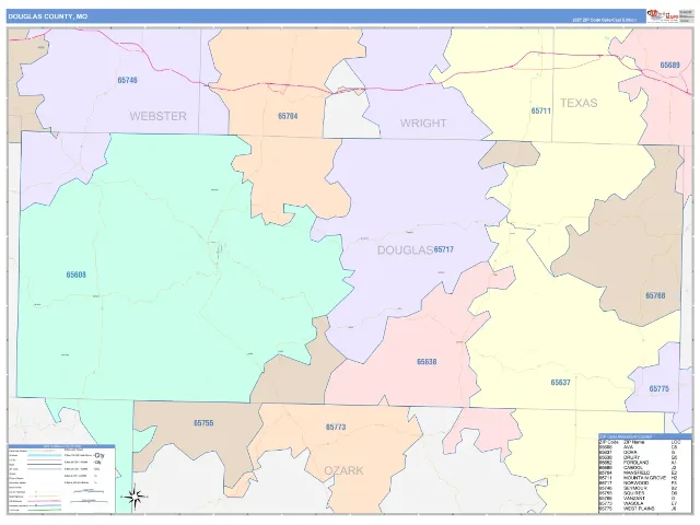 Douglas County, MO ZIP Code Wall Map, ColorCast style
