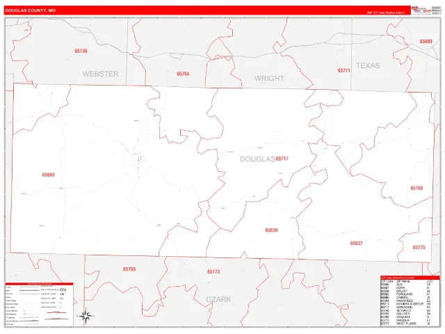 Douglas County, MO ZIP Code Wall Map, RedLine style