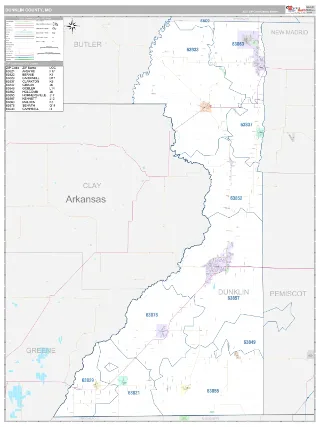 Dunklin County, MO Classic style ZIP Code wall map