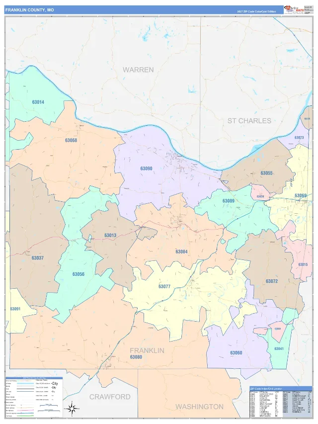 Franklin County, MO ZIP Code Wall Map, ColorCast style