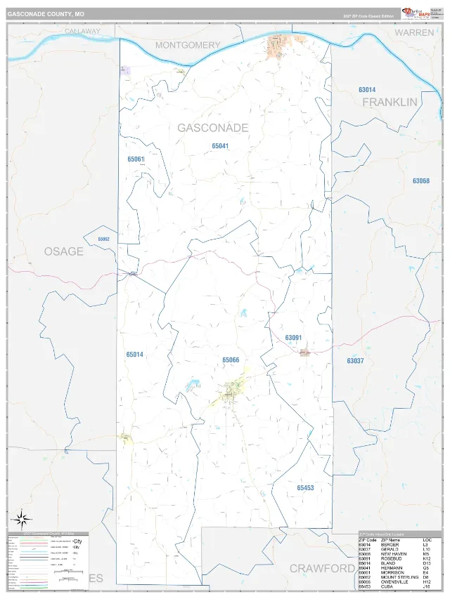 Gasconade County, MO ZIP Code Wall Map, Classic style