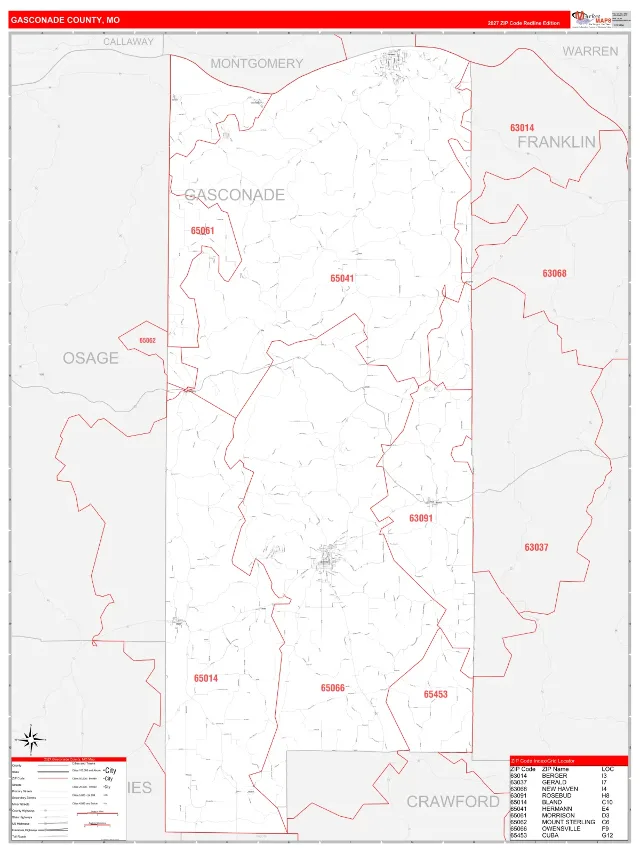 Gasconade County, MO ZIP Code Wall Map, RedLine style